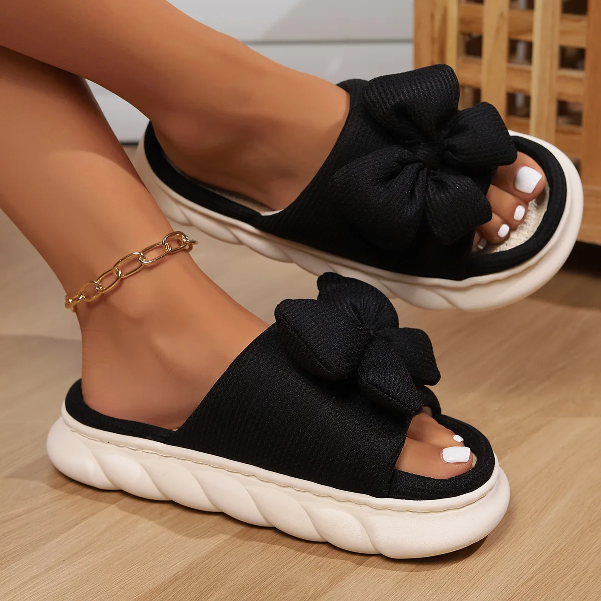 Fashion Bowknot Linen Home Slippers Women Thick Sole Non Slip House Cotton Shoes Woman Flat Heels Platform Indoor Slippers 2024 - Image 6