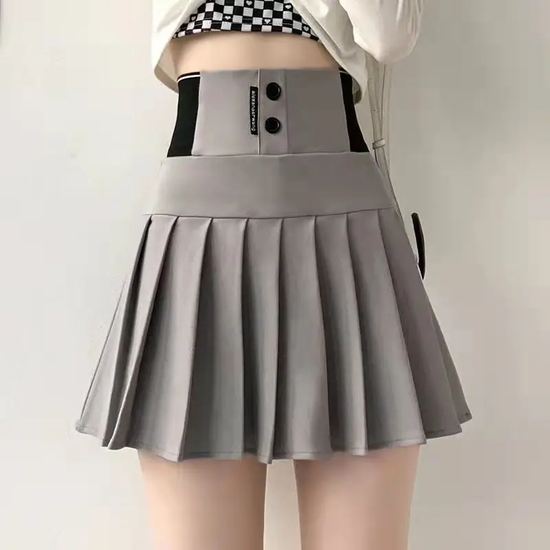 

2023 New Pleated Young Office Lady Simplicity Streetwear Preppy Style Fashion Slim Buttons Patchwork Solid Skirts Women Clothing