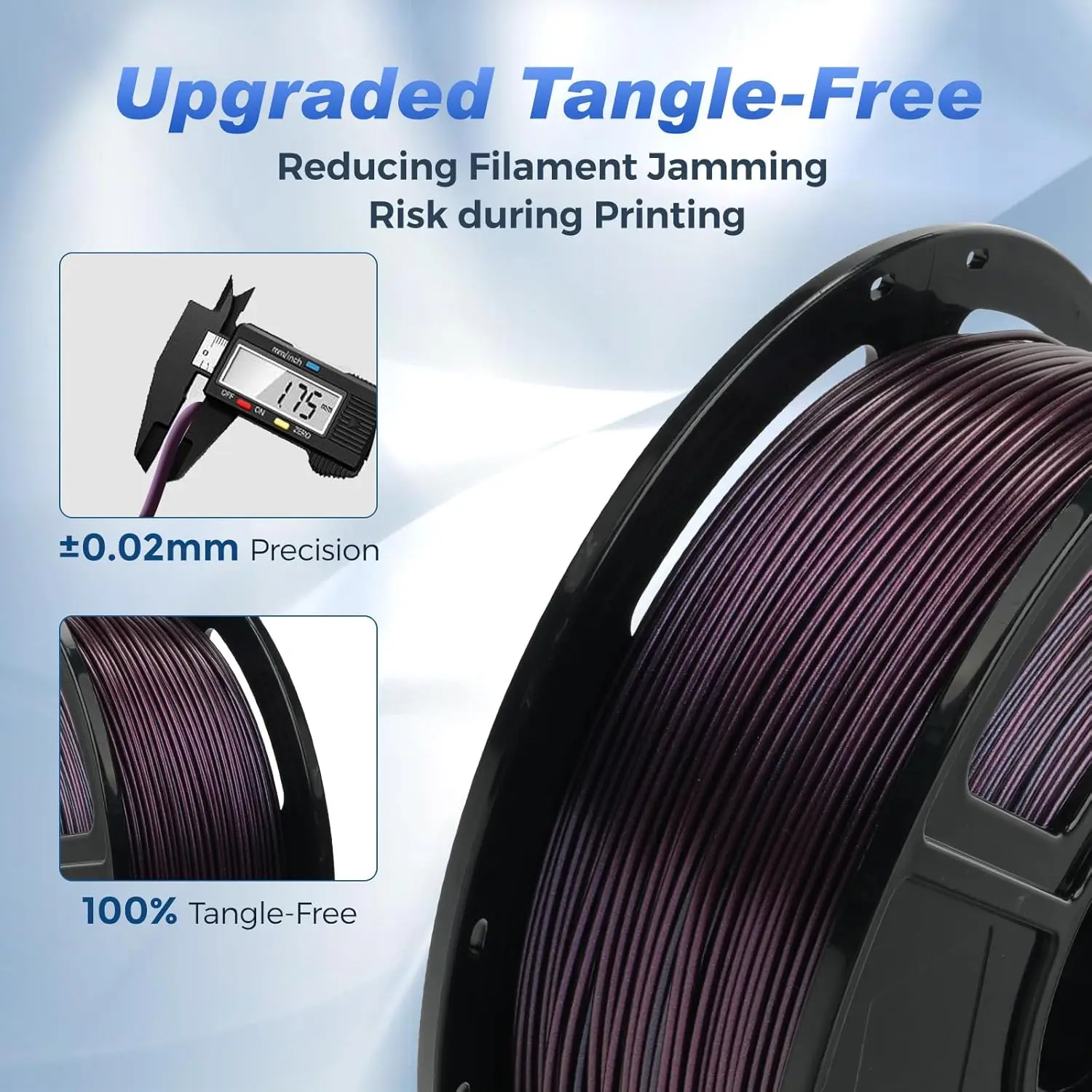 PLA 3D 프린터 필라멘트 1.75mm 250g | 반짝이는 글리터 마감, 색상 변화 효과, ±0.02mm 정확도, 엉킴 방지, 진공 처리