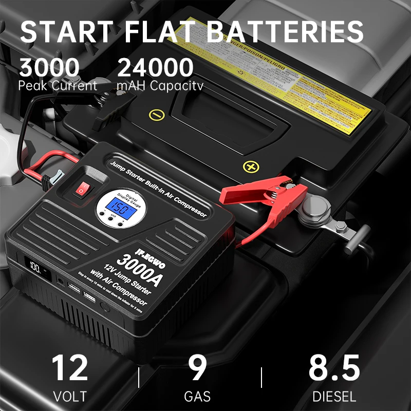 Car Jump Starter 3000A 12V Professional Power Bank With Air Compressor Pump Battery Booster Starter Device For Car