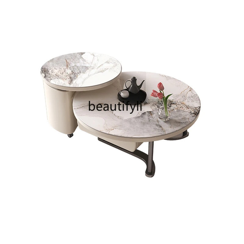

Light Luxury round French Cream Style Tea Table Boiling Water Tea Table Integrated Small Apartment Modern Stone Plate Tea Table