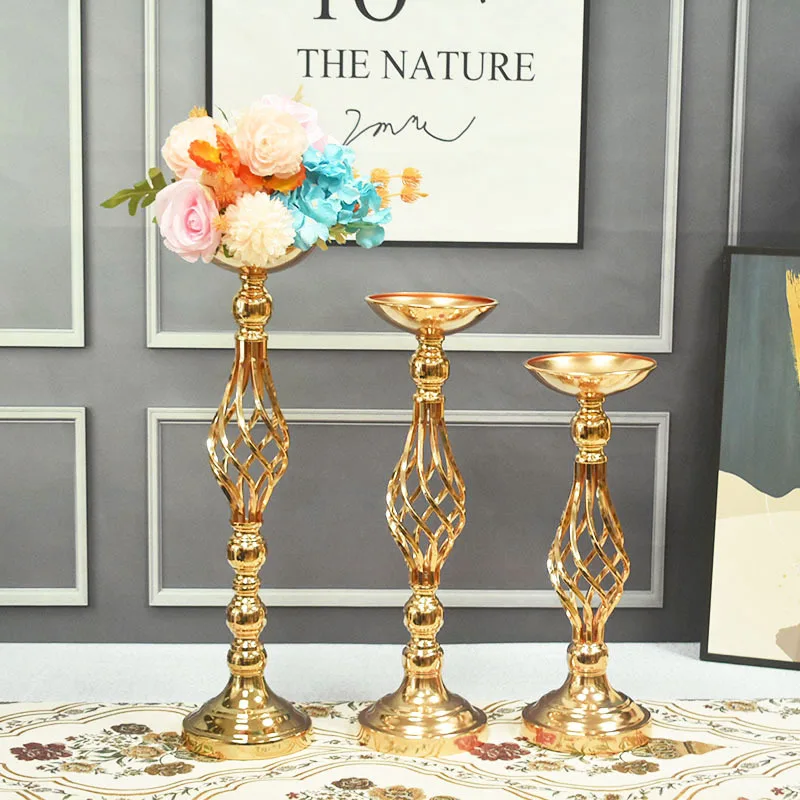 

10PCS Gold Flower Vases Candle Holders Rack Stands Wedding Decoration Road Lead Table Centerpiece Pillar Party Event Candlestick