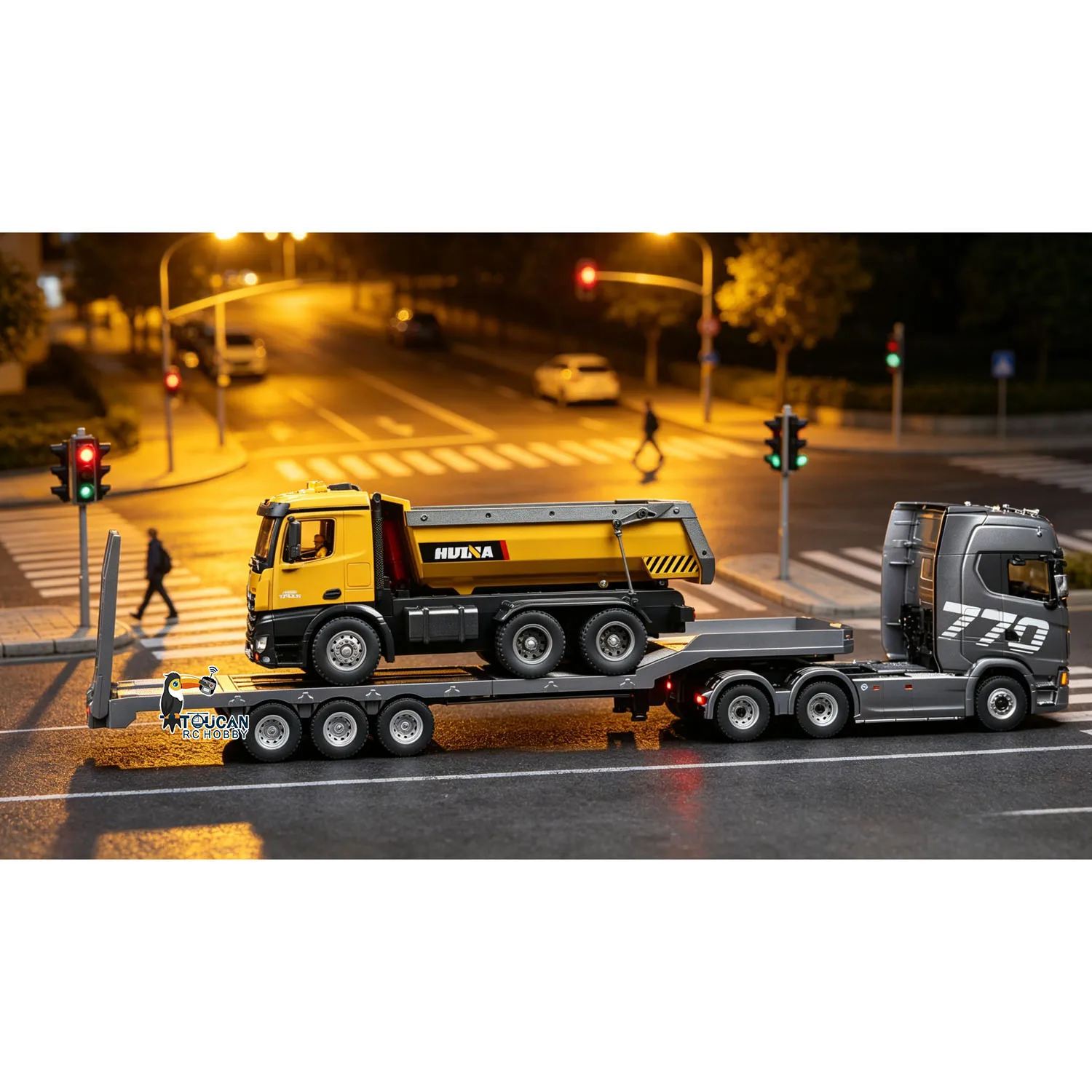 Camion tracteur RC 770S 1/18 avec semi-remorque plateau 3 essieux, système éclairage RTR