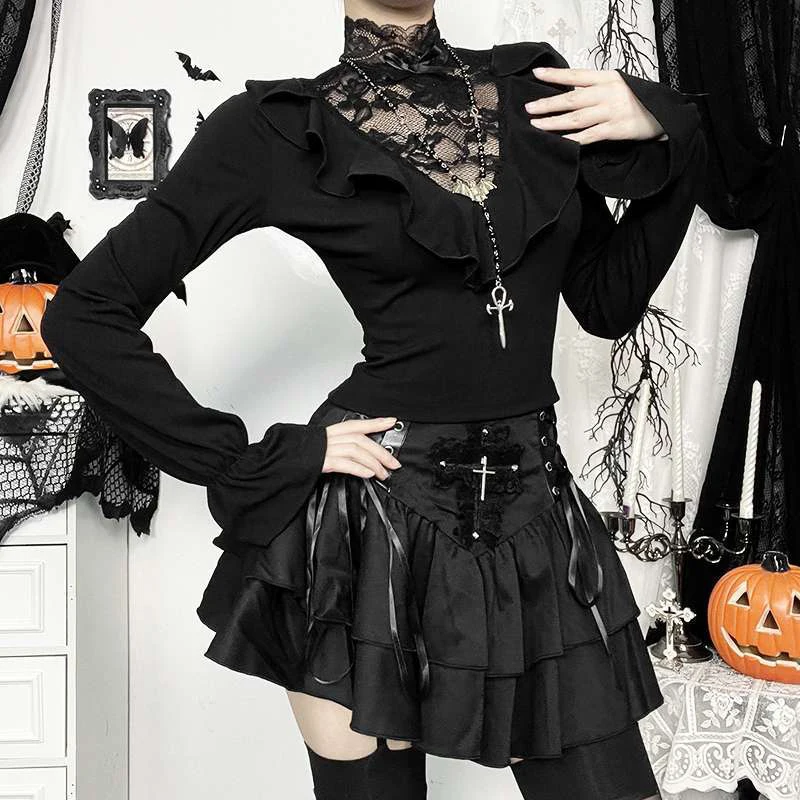 Gothic Dark Ruffle Lace Patchwork Blouse Slim Street Stand