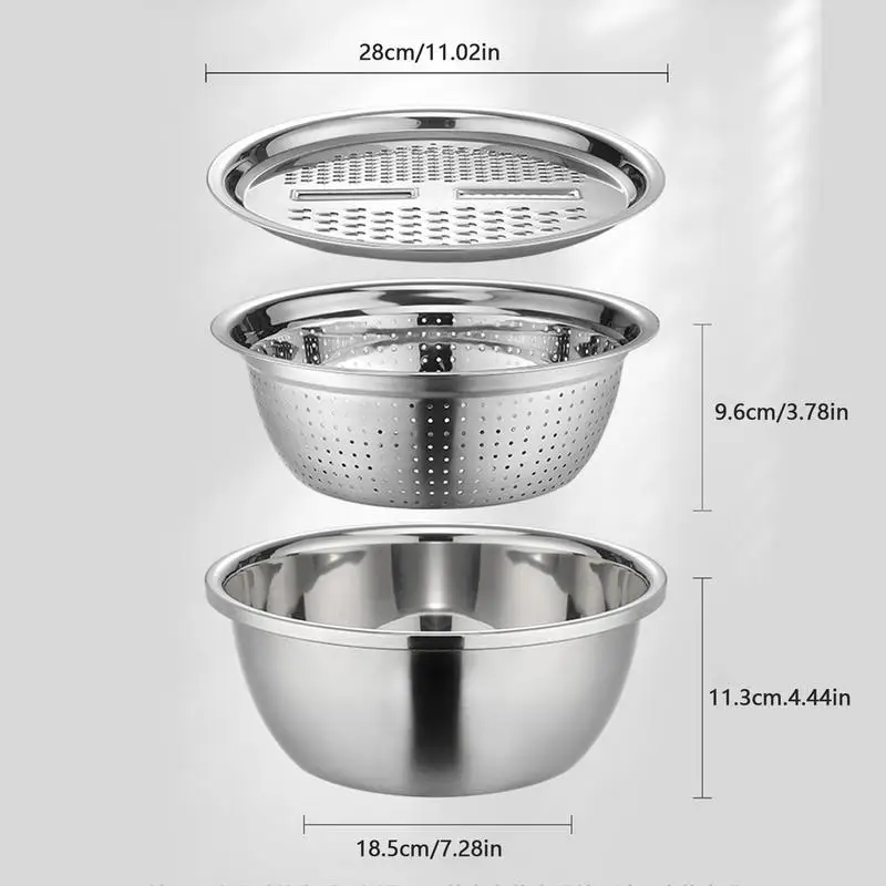 3 in 1 Colanders Basin Mixing Bowl Set stainless steel Salad Maker Bowl with Drain Basket Vegetable Cutter And Grater Strainer
