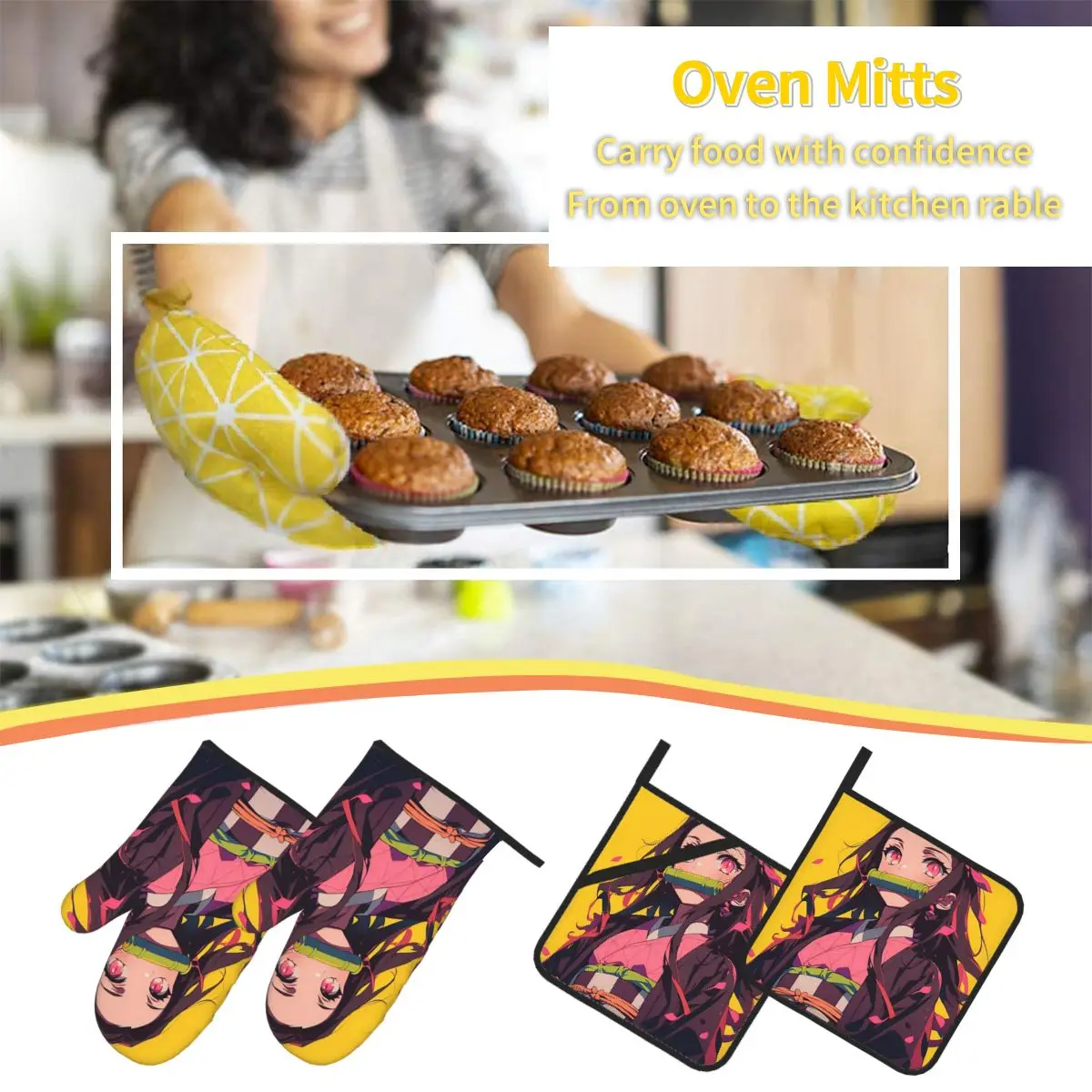 Nezuko Kimono Demon Slayer Kimetsu No Yaiba Anime Oven Mitts and Pot Holder Sets of 4 for Baking Kitchen Cooking Grilling Gloves