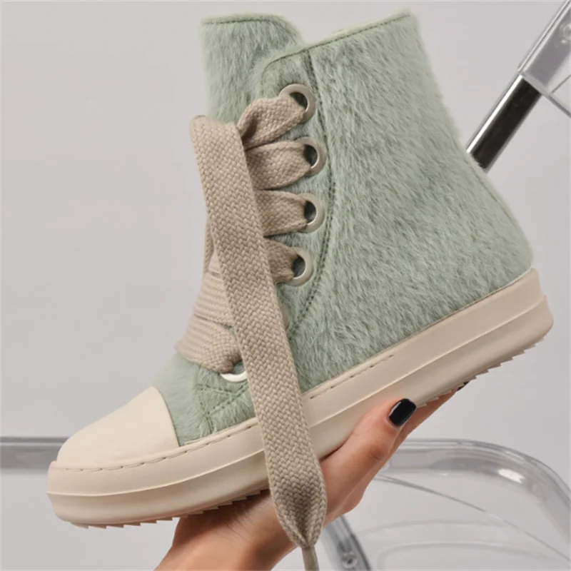 

New Fur Designer Lady Casual Shoes Lace Up Fashion High Top Platform Sneakers Flats Vulcanized Shoes Footwear Zapatos De Mujer