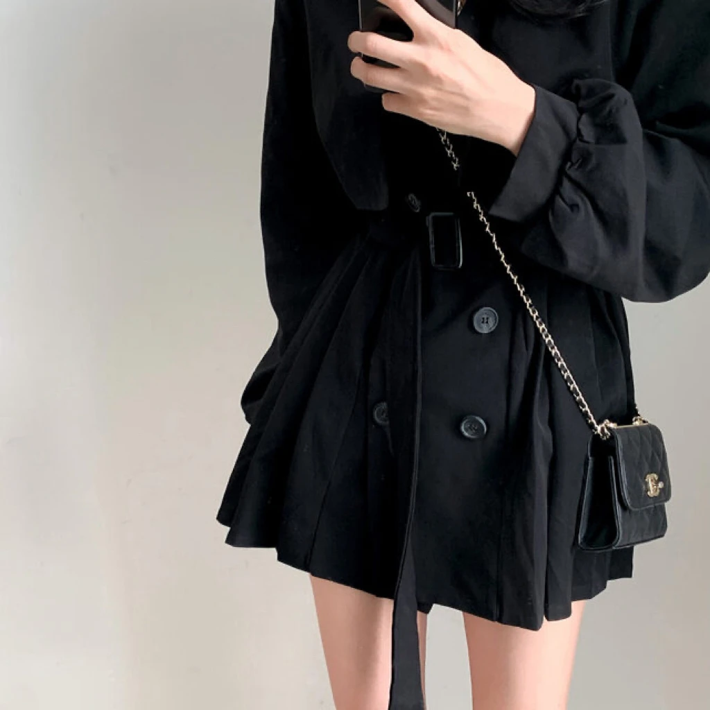 Gabardina elegante y plisada de estilo coreano para mujer, vestido con cinturón, cuello vuelto, doble botonadura, liso, para otoño