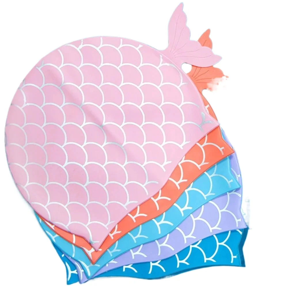 Swimming Cap 1Pcs Mermaid Tail Children Swimming Cap Silicone Waterproof Cartoon Kids Girls Swim Hat Free-diving Surfing Swimming Accesories