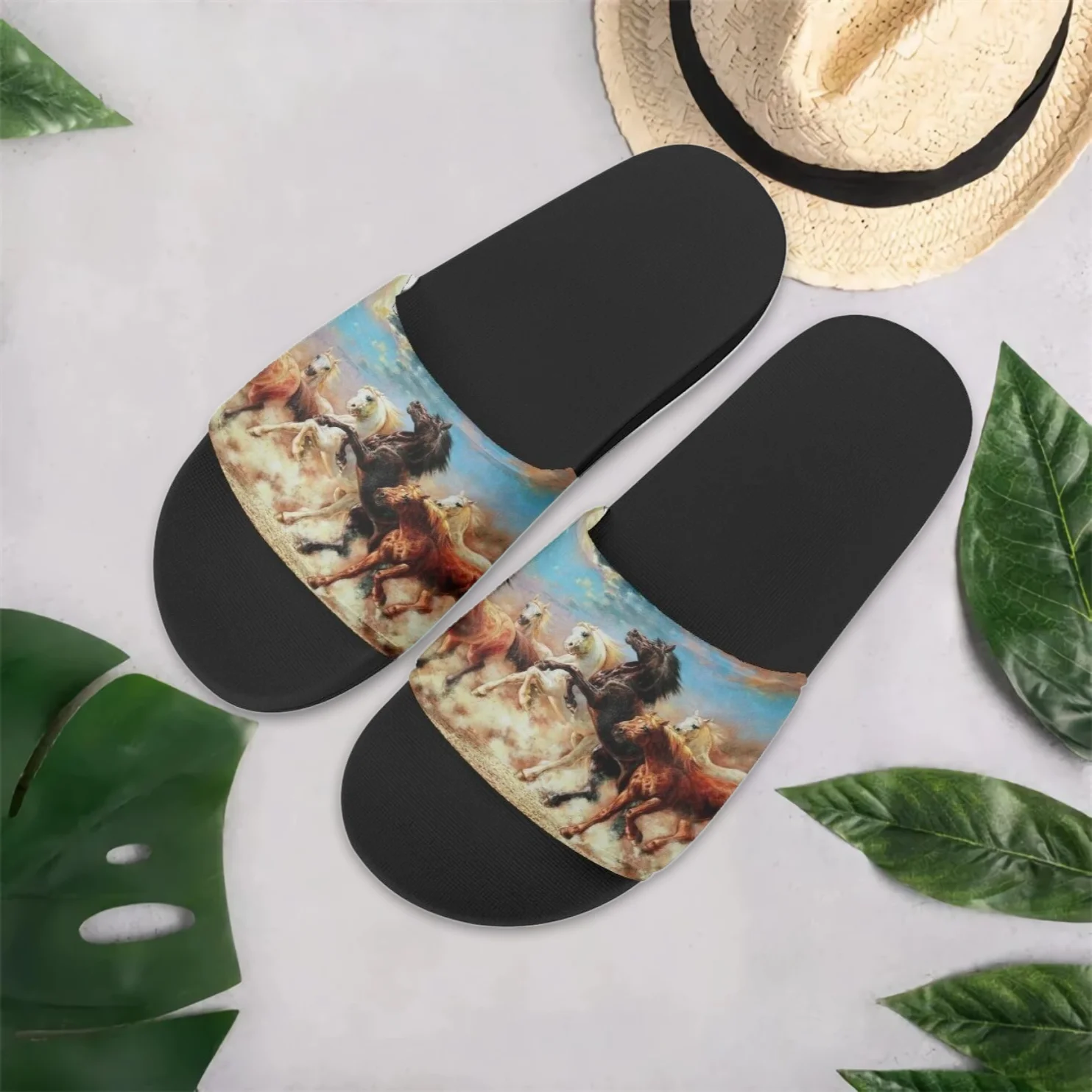 

Женские и мужские сандалии INSTANTARTS, дизайнерские шлепанцы для бега, с рисунком лошадей, пляжная обувь на плоской подошве, сланцы