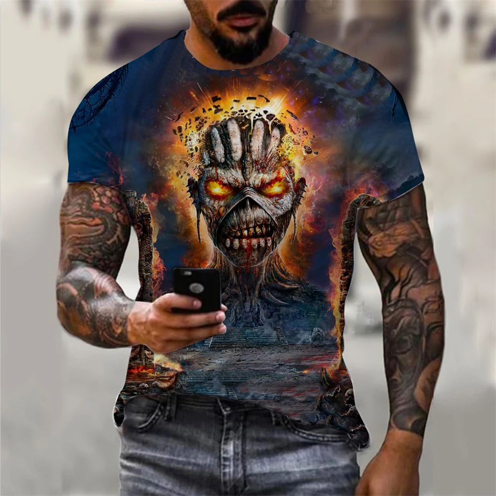 Mens 3D Skull T-Shirt - Black Gothic Short Sleeve Halloween Top