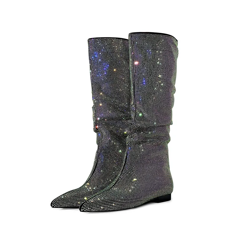 

Новые модные зимние сапоги с острым носком на Плоском Каблуке, со стразами, 2023