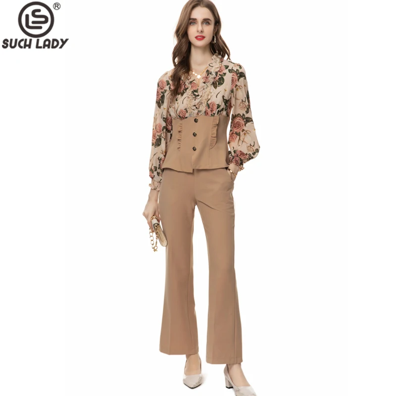 

Women's Two Piece Pants Sets Ruffled V Neck Long Sleeves Printed Blouse with Wide Leg Pants Twinset