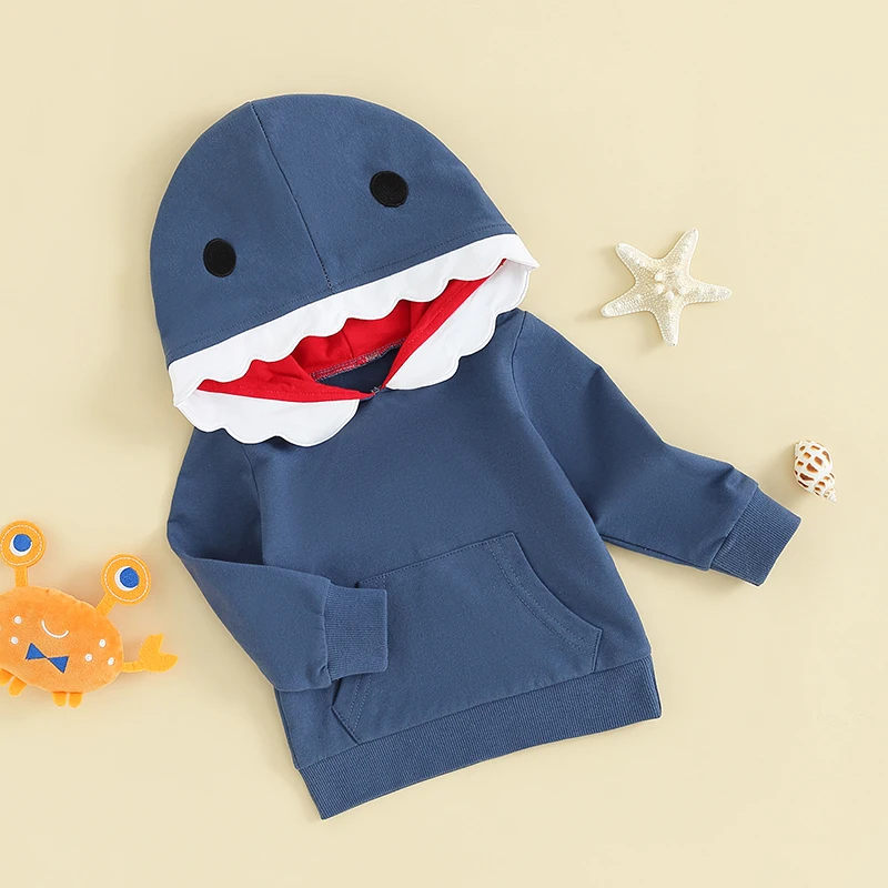 Pudcoco Infant Newborn Baby Boys Winter Hoodies Toddler Casual Long Sleeve Shark Pattern Pockets Hooded Sweatshirt 0-3T