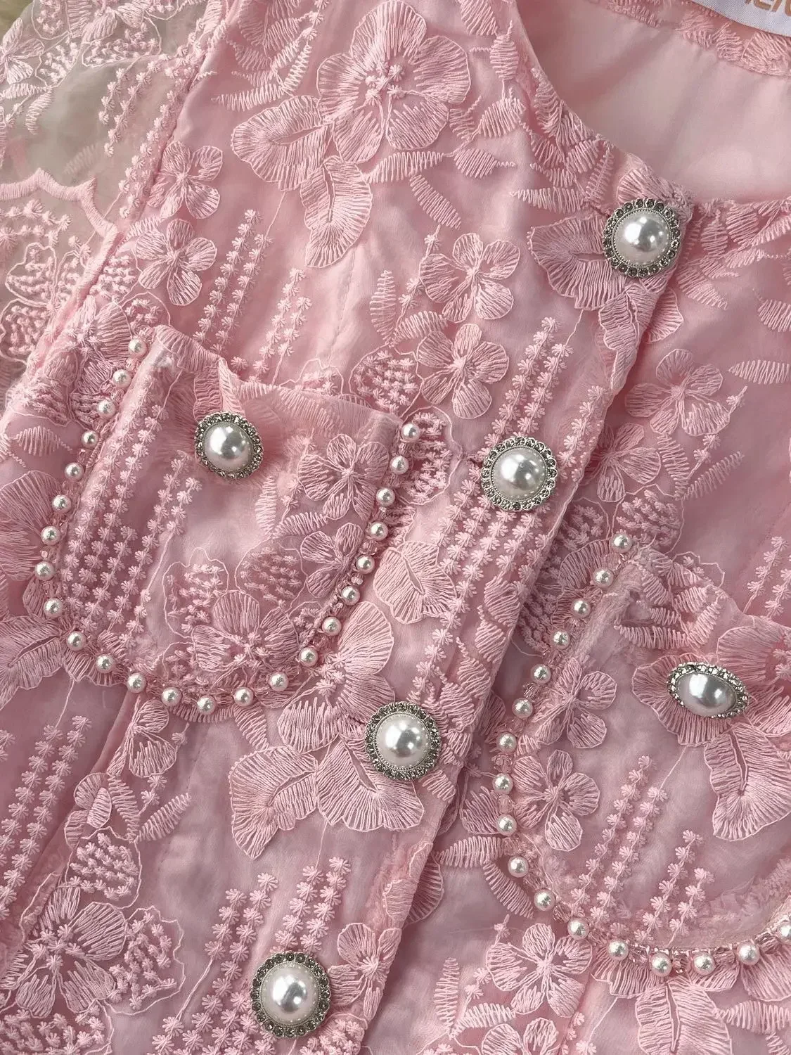 2024 Small Fragrant Embroidery Flower Two Piece Set Women Short Sleeve Pearls Buttons Pocket Lace Mesh Crop Top＋Midi Skirts Suit