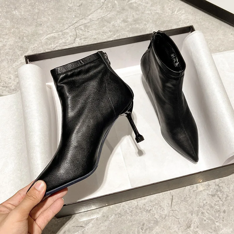 2022 New Solid Black Leather Women Boots Autumn Winter Boots Female Shoes Thin High Heel Short Boots Pointed Toe Zip Ankle Boots