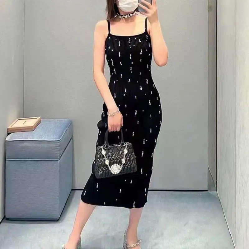 

Black Suspenders Sexy Luxury Bodycon Knitted Long Dress Hand-Stitched Drill Elastic Bag Hip Dress 2024 Autumn Bottoming Dresses