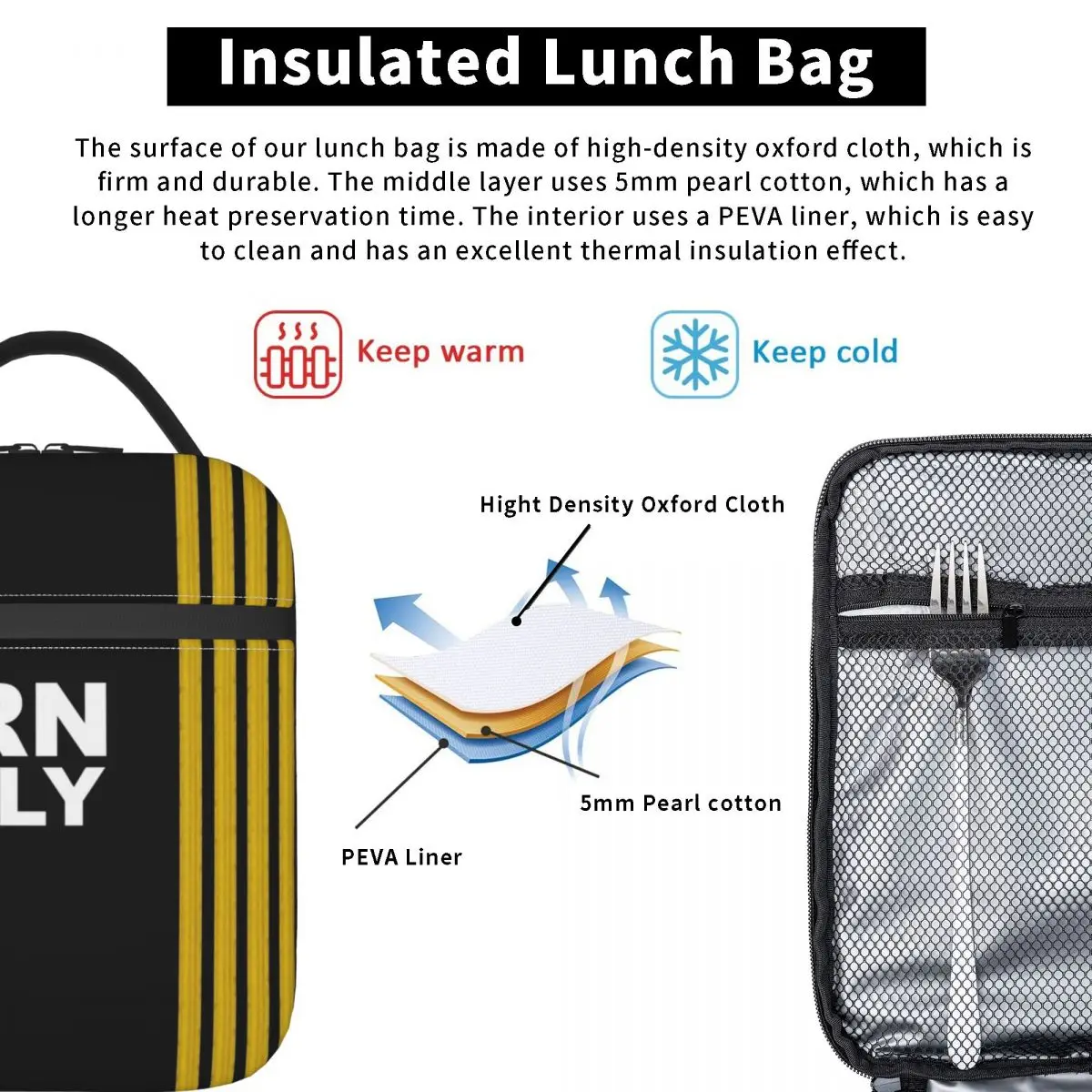 Flight Pilot Lunch Boxes Aviation Airplane Cooler Thermal Food Insulated Lunch Bag Born To Fly Captain Stripes Multifunction