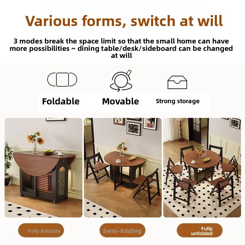 Round Solid Wood Foldable Dining Table French Style Small Space Friendly Home Use Multi-Functional Movable Extendable