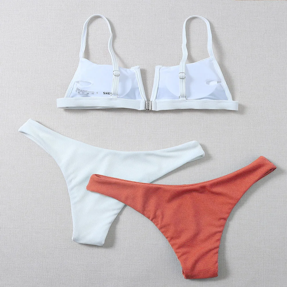 know Dream New Sexy 3 Pieces Women Bikini Lace-Up Swimwear Bathing Suit Solid Color Halter Neck Strap Thong Women Swimsuit Set f