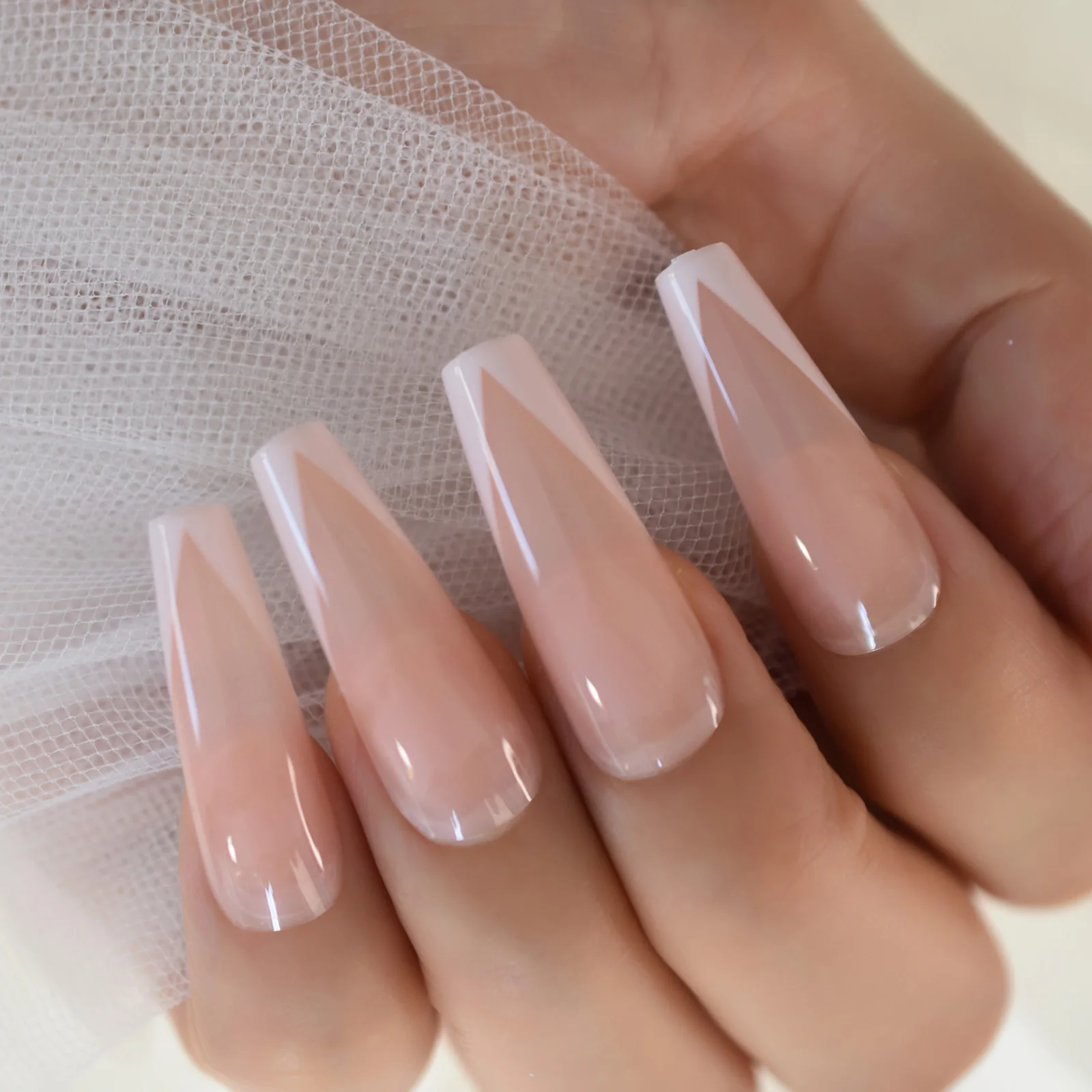 24pcs V-Shaped French Press On Nails - Long Coffin Acrylic Gel Manicure
