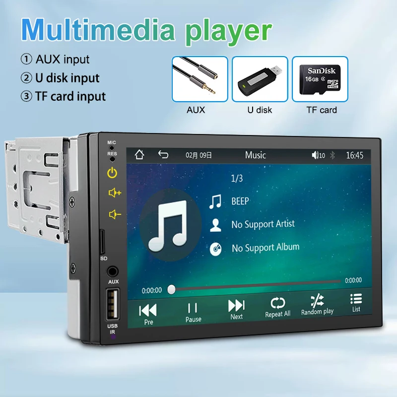 차량용 라디오 범용 멀티미디어 비디오 MP5 플레이어, HD 터치 스크린, FM AUX 입력, 블루투스 미러링크, 카메라 포함, 1 Din, 7 인치