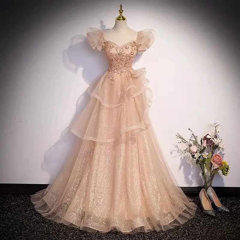 

New Evening Dress Sequins Beading Sweetheart A-Line Pleat Ruffles Champagne Pink Tulle Princess Party Banquet Formal Gowns Woman