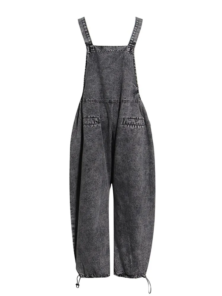 ECR Spliced Pockets denim jumpsuits For Women Square Collar  Sleeveless High Waist Loose Solid Casual Jumpsuit Female Fashion