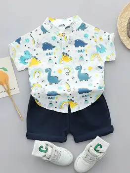 Summer sunshine dinosaur random print short-sleeved shirt and shorts set for male infants and toddlers 1