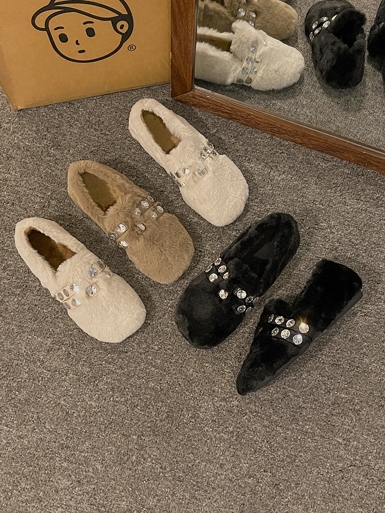 

Туфли женские с круглым носком, меховые повседневные кроссовки, без застежки, без шнуровки, Ретро стиль, модная женская обувь