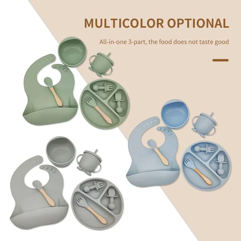 8PCS Kids Feeding Tableware Set Learn to Eat Training Fork Spoon Baby Dinner Plate Bib Complementary Food Suction Cup Bowl Set_voghion.com