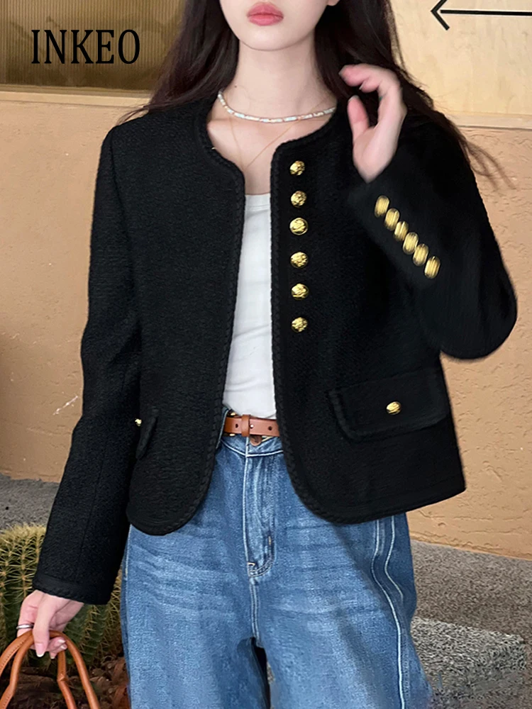 

Женская твидовая куртка на пуговицах, Черная куртка с круглым вырезом и длинным рукавом, верхняя одежда из твида, 3O372, весна-осень 2024