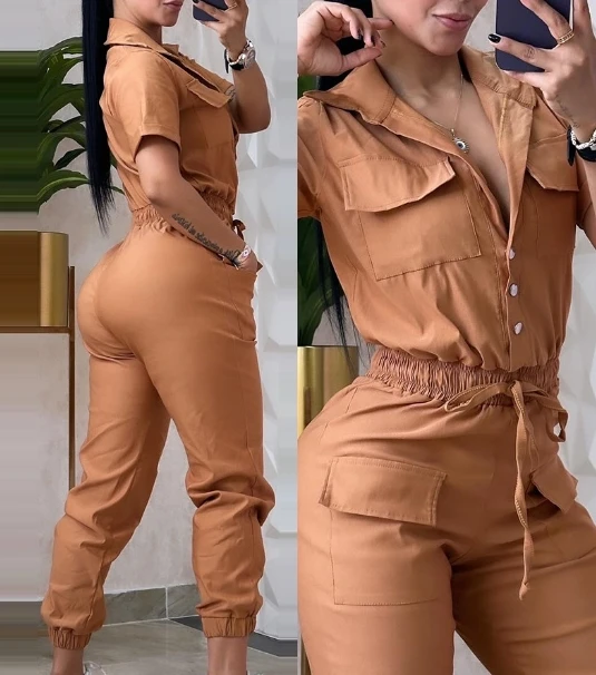 Women's Urban Style Jumpsuit 2024 Spring/summer Latest Commuter Solid Short Sleeve Pocket Design Cuffed Cargo Romper Bodysuit