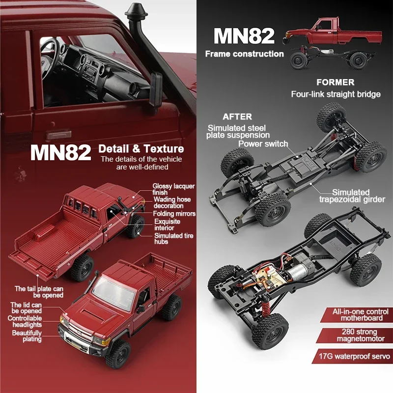 Vue arrière avec les feux LED rouges et le porte-bagages de la voiture RC MN82 1/12 LC79 4WD tout-terrain