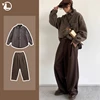 2024 Japanese Harajuku Mens Set Checkered Pockets Fashion Shirt+Trendy Straight Leg Trousers 2-pcs Spring College Casual Suit 1