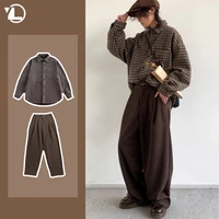 2024 Japanese Harajuku Mens Set Checkered Pockets Fashion Shirt+Trendy Straight Leg Trousers 2-pcs Spring College Casual Suit 1
