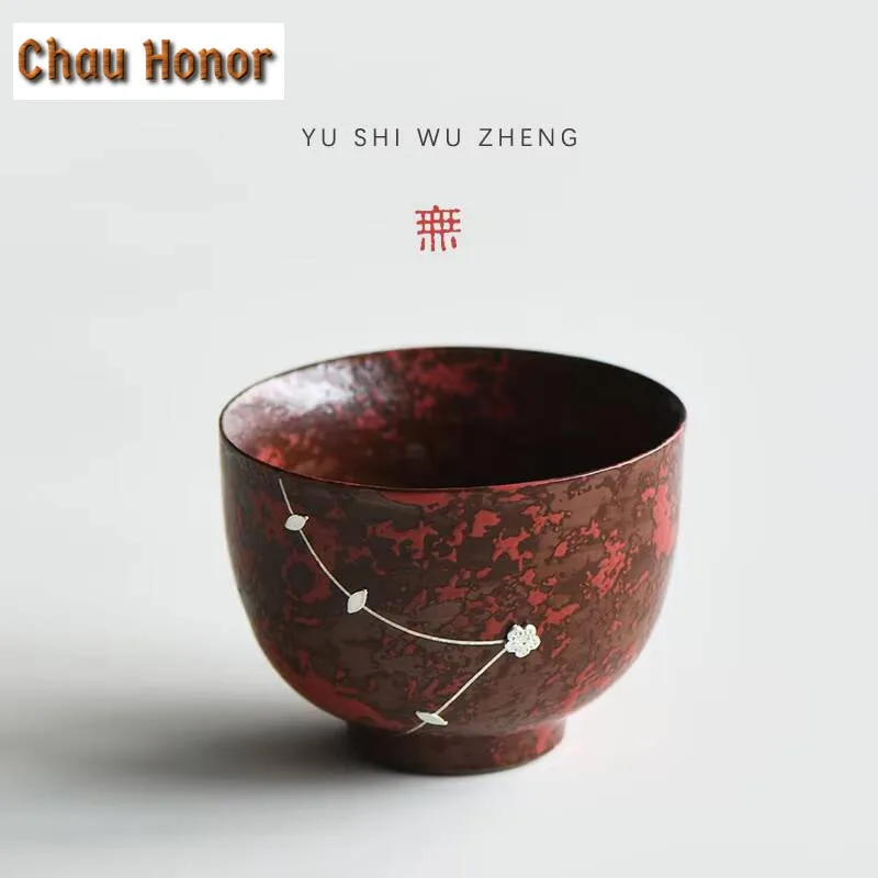 150ml Handmade Saw Nail Silver Ceramic Teacup Coarse Pottery Powder Yin Water Mug Palace Red Art Coffee Mug Drinkware Collection