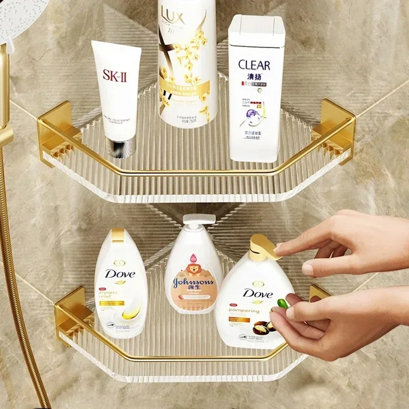 Acrylic Bathroom Shelf without Drilling Gold Rustproof Kitchen Toilet Shower Room Skincare Shampoo Corner Shelf Rack with Hook 4