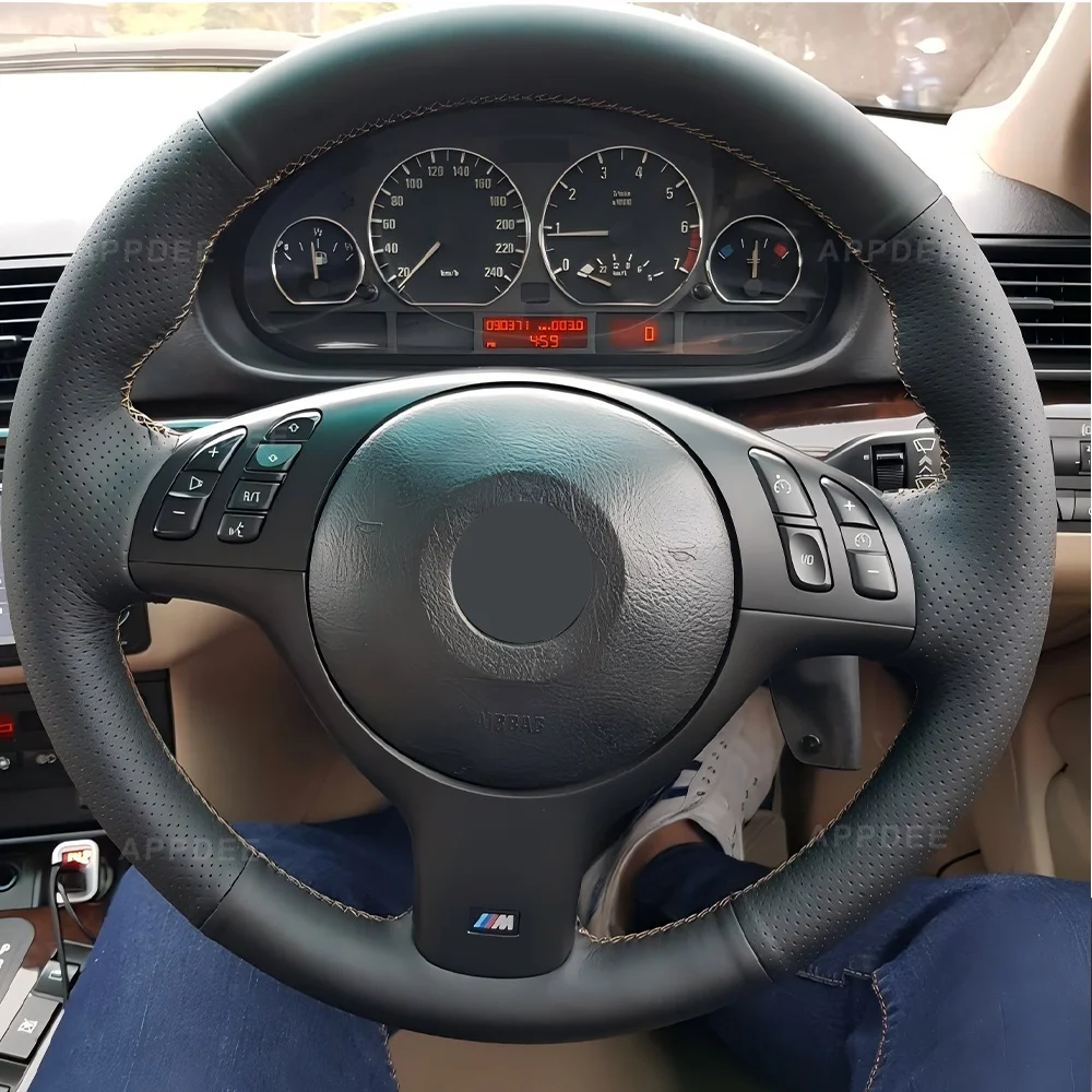 APPDEE 블랙  가죽 핸드 스티치 스티어링 휠 커버 BMW E46 E39 330i 540i 525i 530i 330Ci M3 2001-200..