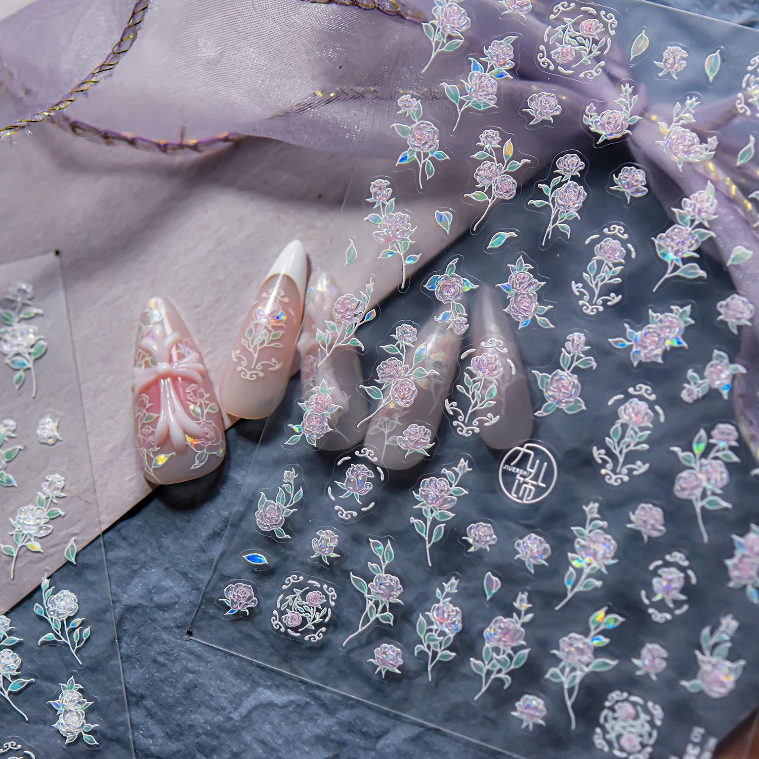 프랑스 로맨틱 로즈 네일 스티커 5D 레이저 핑크 퍼플 그라데이션 플라워 바인 라운드 필리그리 프레임 슬라이더 셀프 접착 데칼
