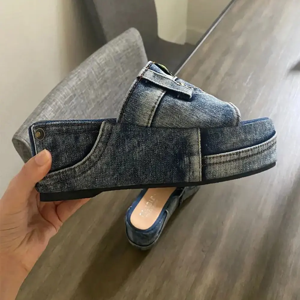 Women's Denim Platform Sandals Casual Wedges Heeled Summer Slides_voghion.com