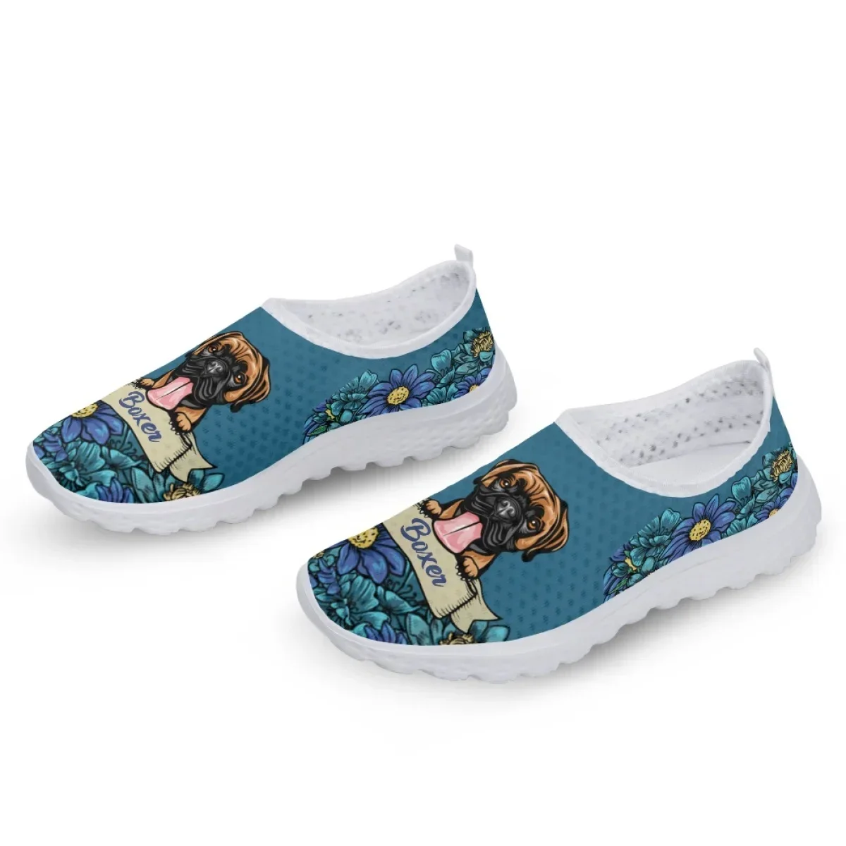 Lovely Boxer Dog Print Slip-on Mesh Shoes Custom Personalized Flats For Dog Lovers Floral Light Loafers For Mom Gift