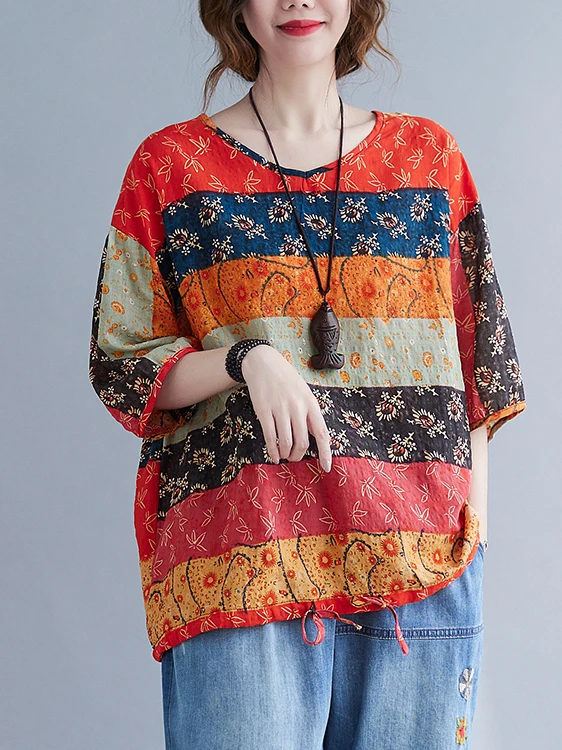 Casual Cotton Linen f Sve T-irt round Ne Loose Fit plus Size Women's Vintage Top Meat Concealing Slimming