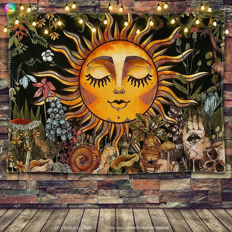 Brennende Sonne, Vintage-Blumenpflanzen und Blätter, mystische Hippie-Schnecke und Totenkopf-Hippie-Wandteppich, Wandbehang für Raumdekoration – Detail 1