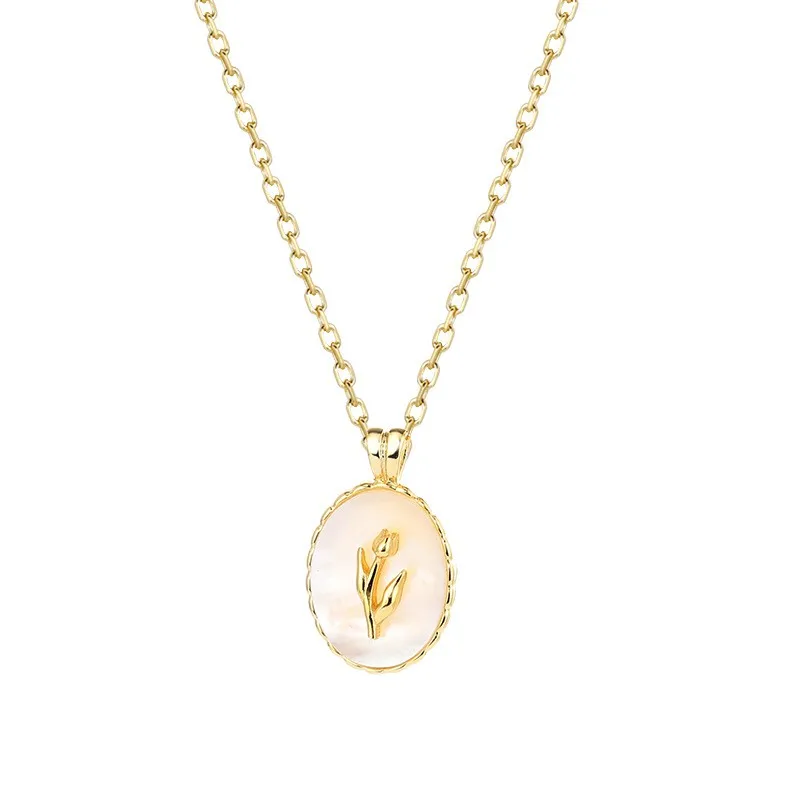 

XL498 ZFSILVER 925 Sterling Silver Fashion Gold Luxury Trendy Tulips Shell Oval Ellipse Necklace For Women Wedding Chram Jewelry