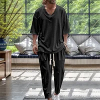 2025 Men Two Piece Sets Casual Solid Loose Outfits Summer Half Sleeve V-Neck T-Shirt and Long Pants Men's Sports Suit Streetwear 1