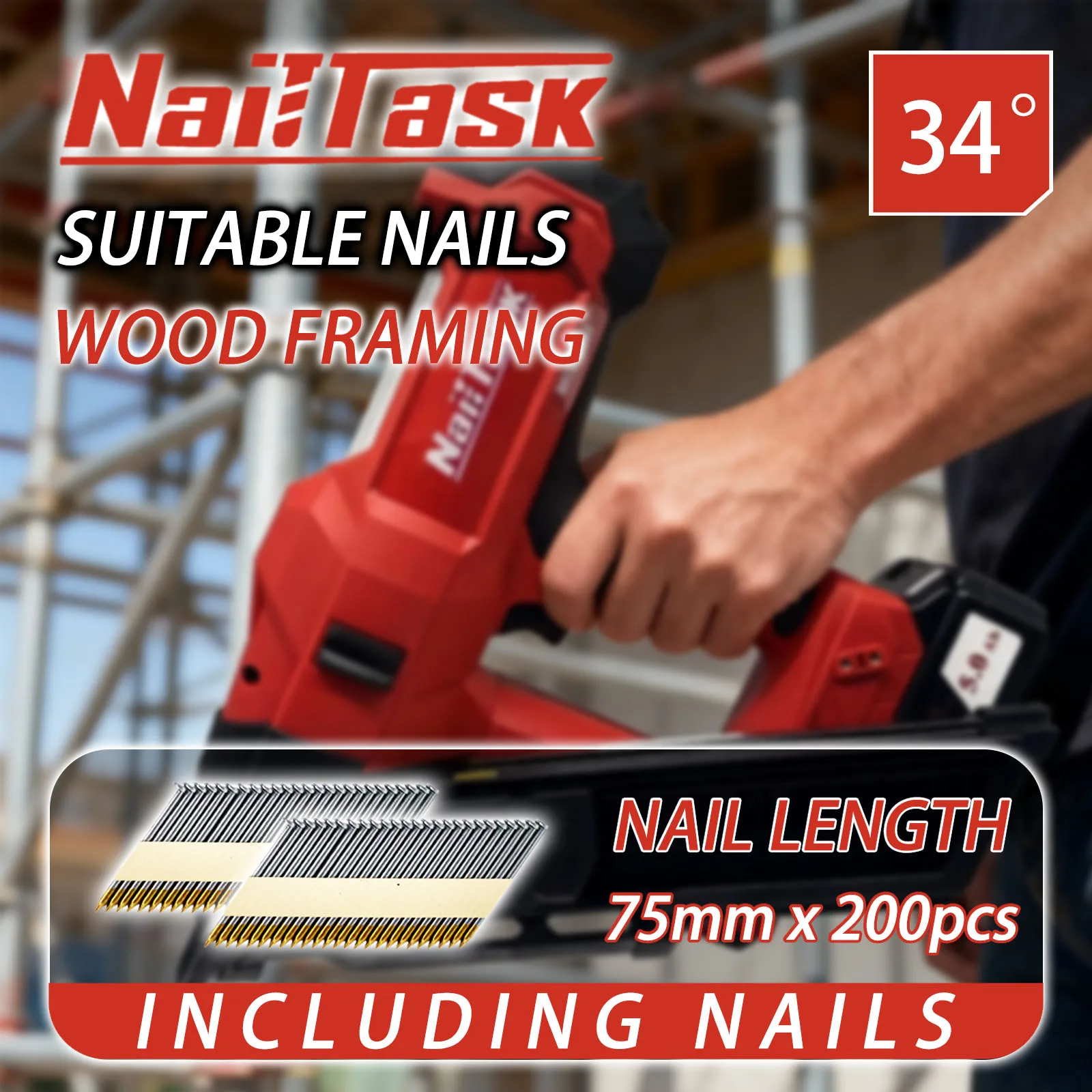 네일태스크 34 ° 무선 브러시리스 전기 스테이플 건(75mm 못 사용) - 가구 목공 도구용