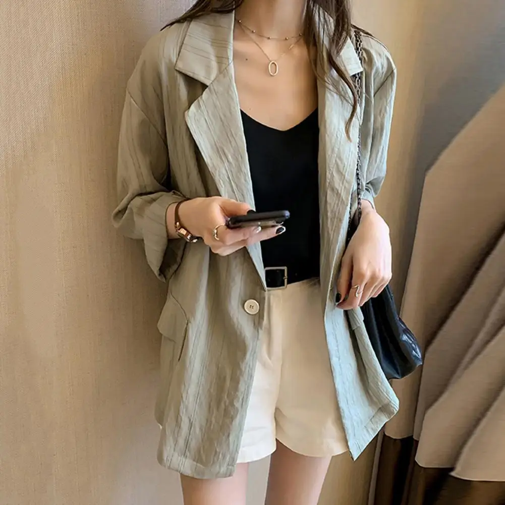 

Women Lapel Long Sleeve Suit Coat Thin Style Stripes Print Flap Pockets Single Button Loose Fit Blazer Outwear