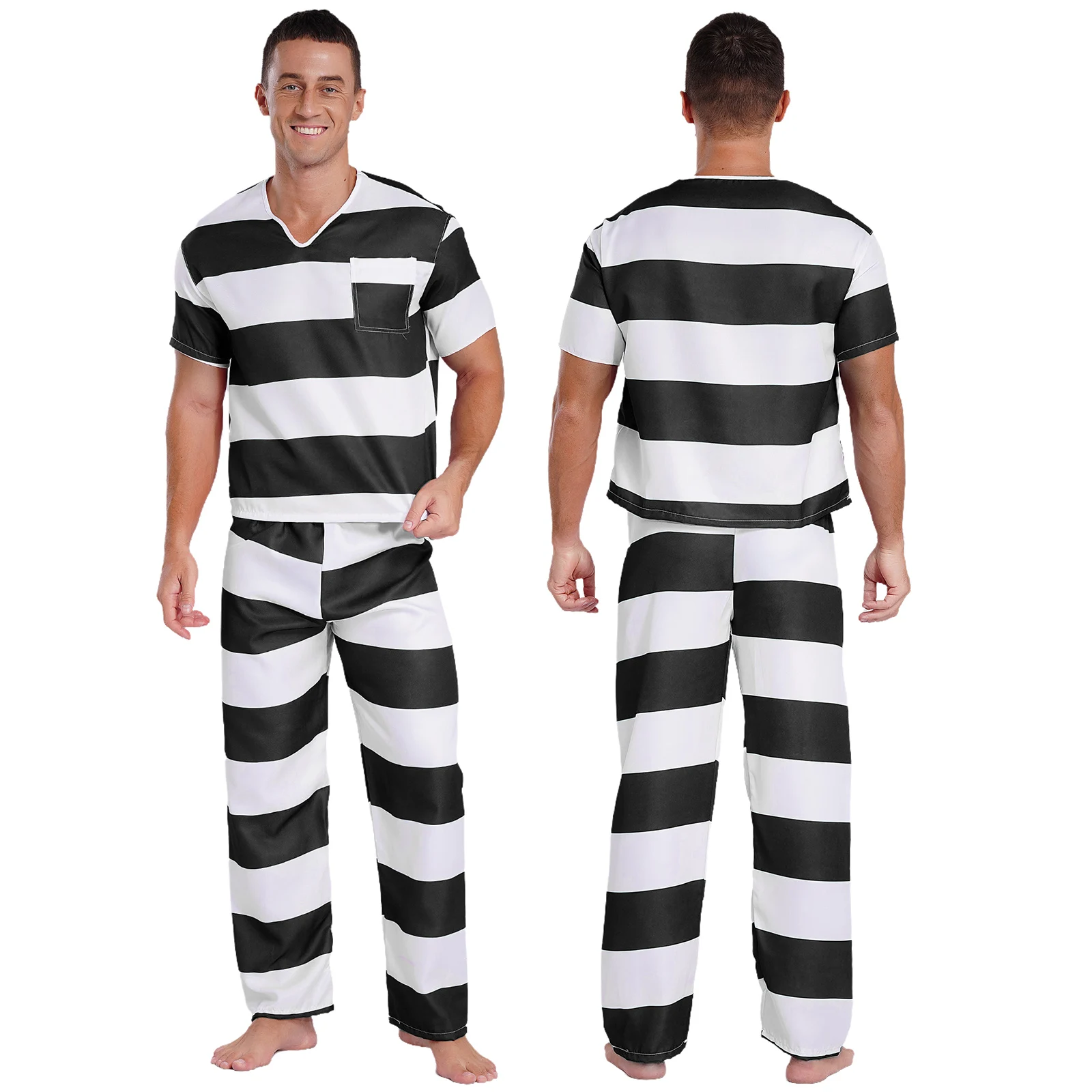 Disfraz de Jailbird para hombre, uniforme de Jailbird para Halloween, disfraz de prisionero culpable, camisa, Top y pantalones con cintura elástica