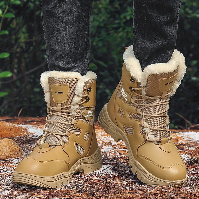 

Зимние Нескользящие ботинки для снега, уличная плюшевая кожаная походная обувь, мужские высококачественные водонепроницаемые ботинки, удобные военные ботинки для мужчин